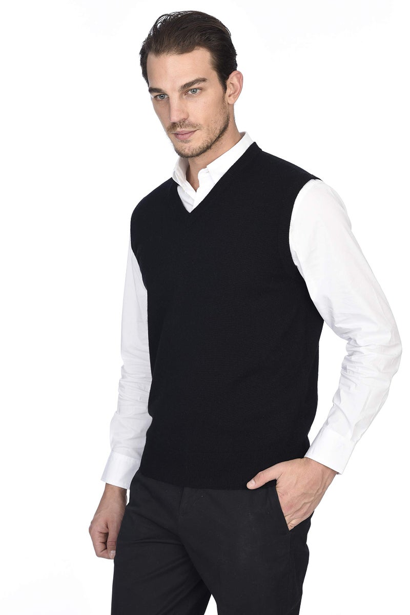 State Cashmere سترة بدون أكمام من كشمير الدولة - سترة بفتحة على شكل V للرجال مصنوعة من 100% كشمير نقي مستخرج من ماعز منغوليا الداخلية - ناعمة، خفيفة الوزن ومتعددة الاستخدامات - (أسود، كبير جداً) - Image 3